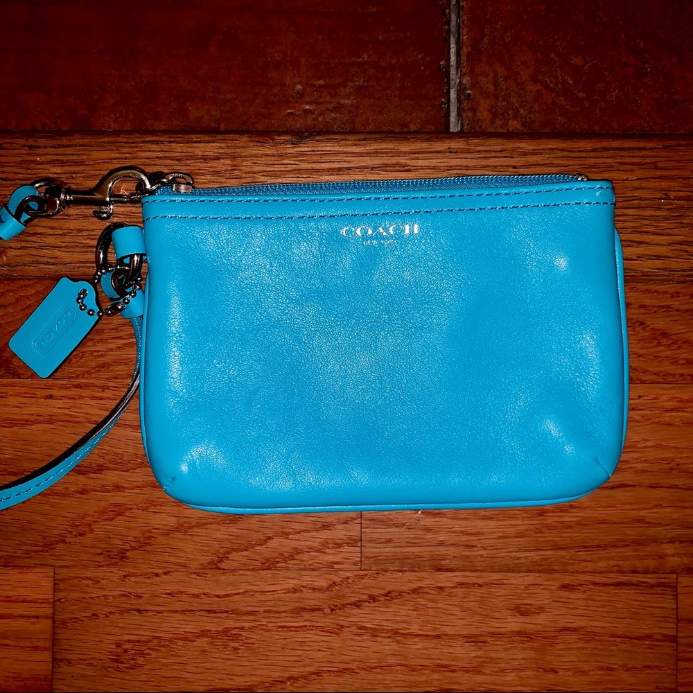 Coach Leather Aqua Zip Wristlet Pouch Wallet - Picture 2 of 4